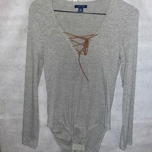 Grey tie up ribbed bodysuit